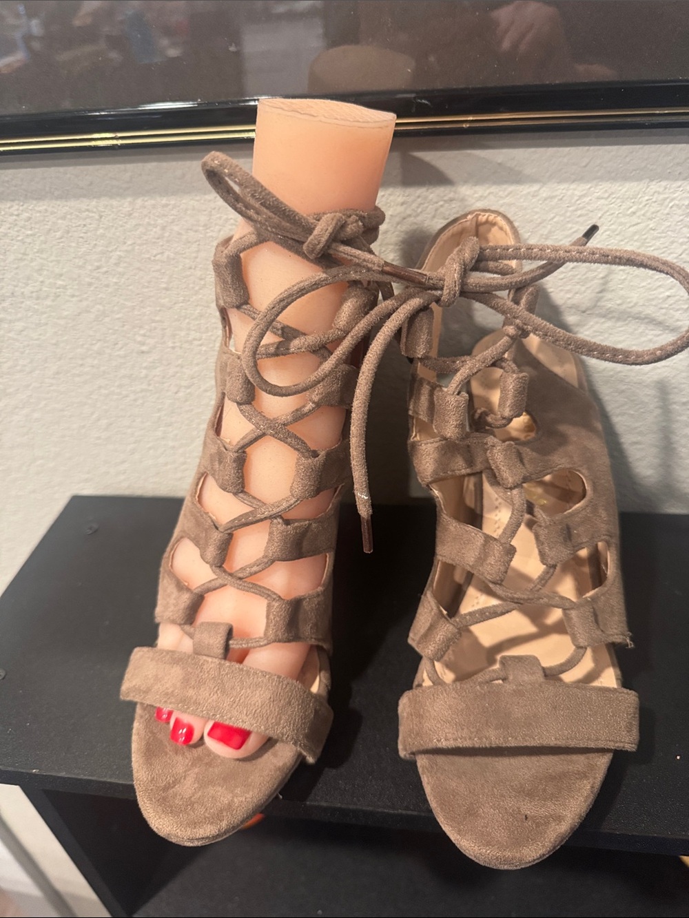 Chase + Chloe Taupe Vegan Suede Lace-Up Gladiator Heels